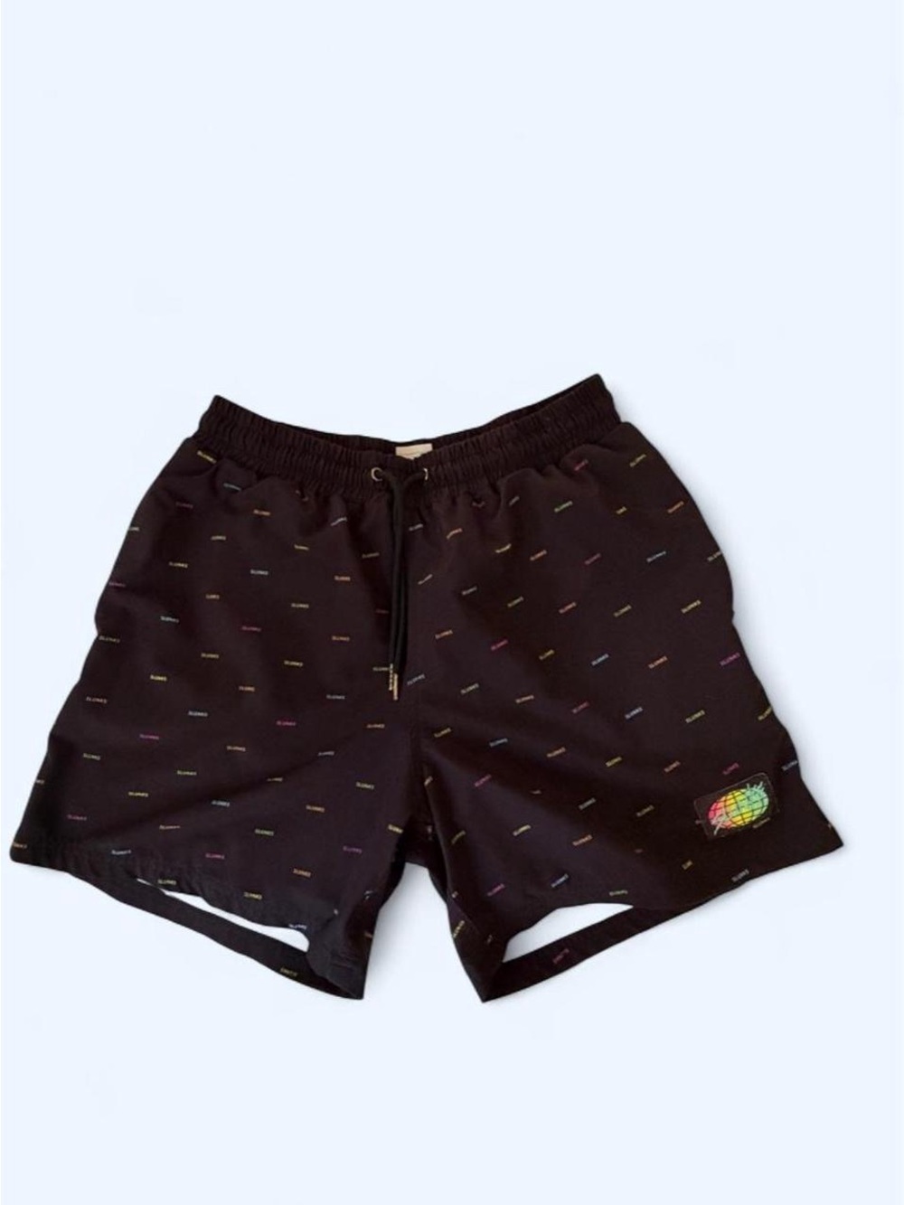 Black Athletic Swim Shorts with Rainbow Globe Accent
